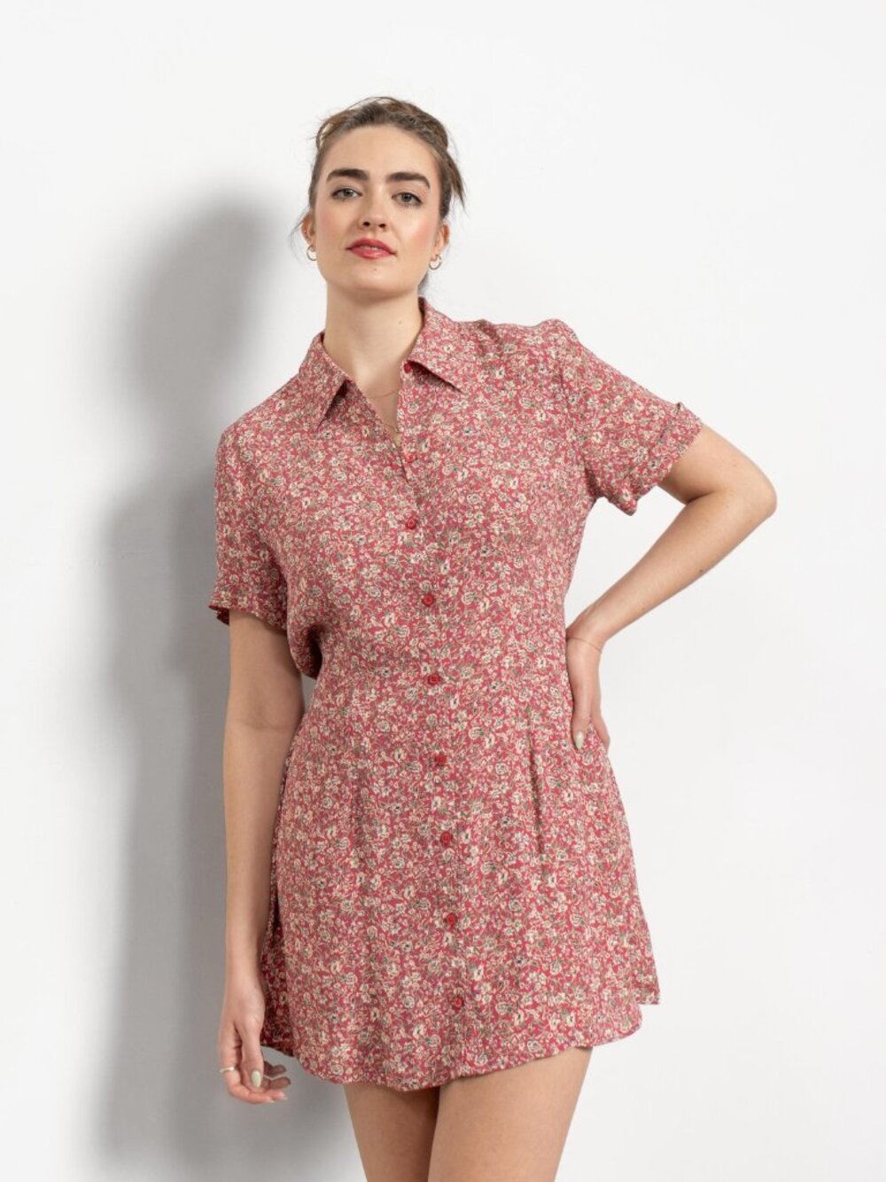 FLOWY FLORAL DRESS Vintage Pink Mini Short Sleeve Rayon Summer 90's / Medium
